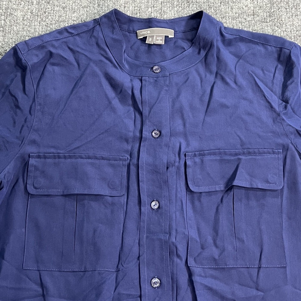 Vince Shirt Womens 2 Navy Blue Mandarin Band Collar Silk Button Up
